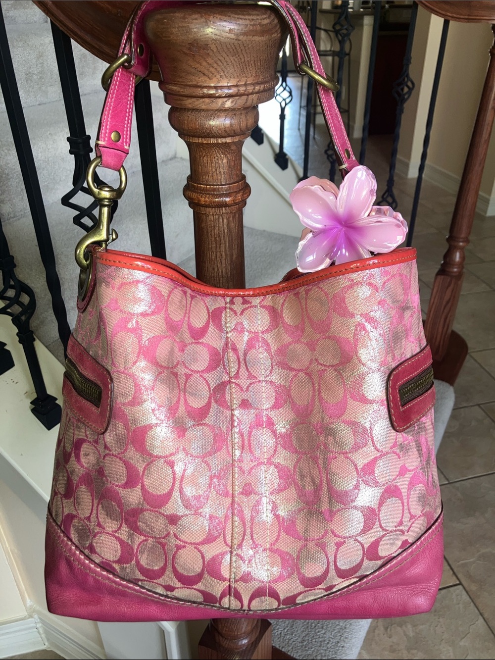 Coach Tie Dye 2005 distressed Pink metallic Signature C Y2K hobo bag - Picture 12 of 16